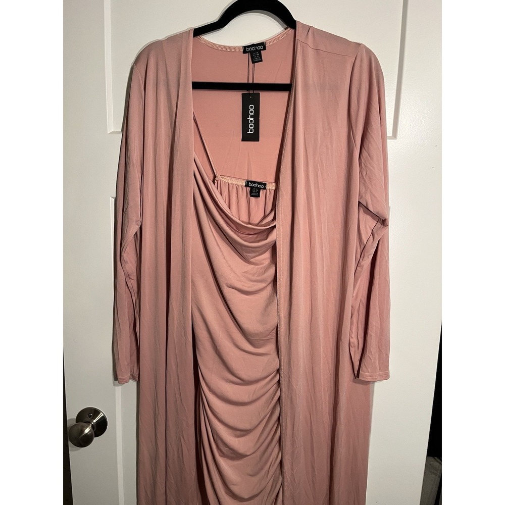 Boohoo Maternity Duster & Cowl Neck Ruched Midi Dress Set Dusty Rose US 12 NWT